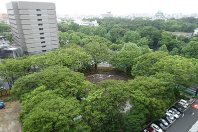 名城非常口となる旧公園（手前）。新緑の季節に半分が更地に。